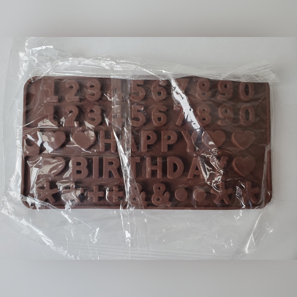 Happy Birthday Numbers & Symbols Small Brown Silicone Chocolate Candy Mold NWT